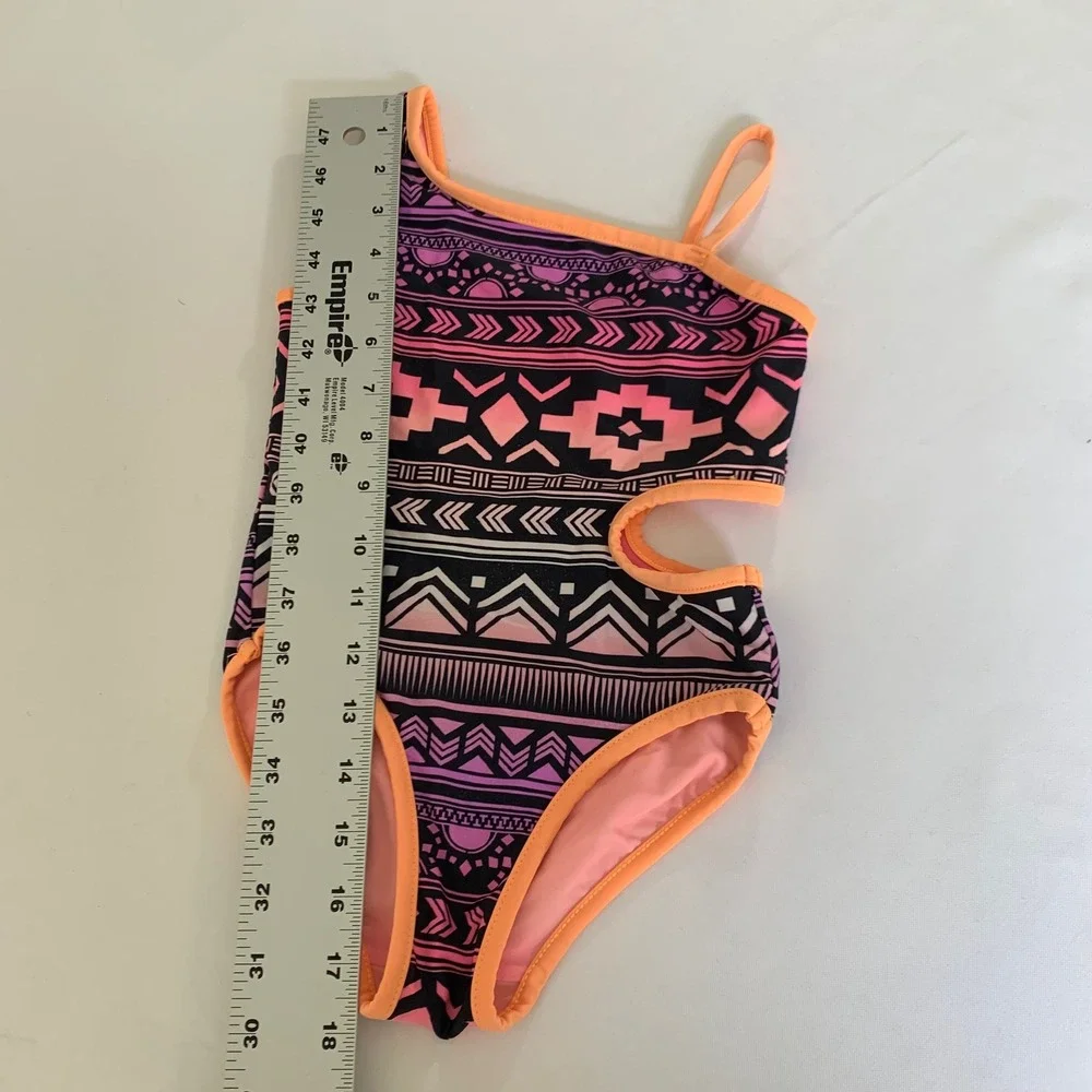 Justice One Piece Swimsuit Girls 7/8 Reversible Pink Purple Tribal Cutout Boho